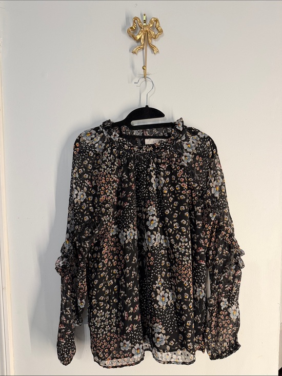 LOFT Tops - LOFT NWT Floral Ruffle Neck Long-Sleeve Blouse - Black MEDIUM